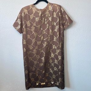 Vintage mocha and gold dress.  Zip up back.  Short sleeve. Knit fabric